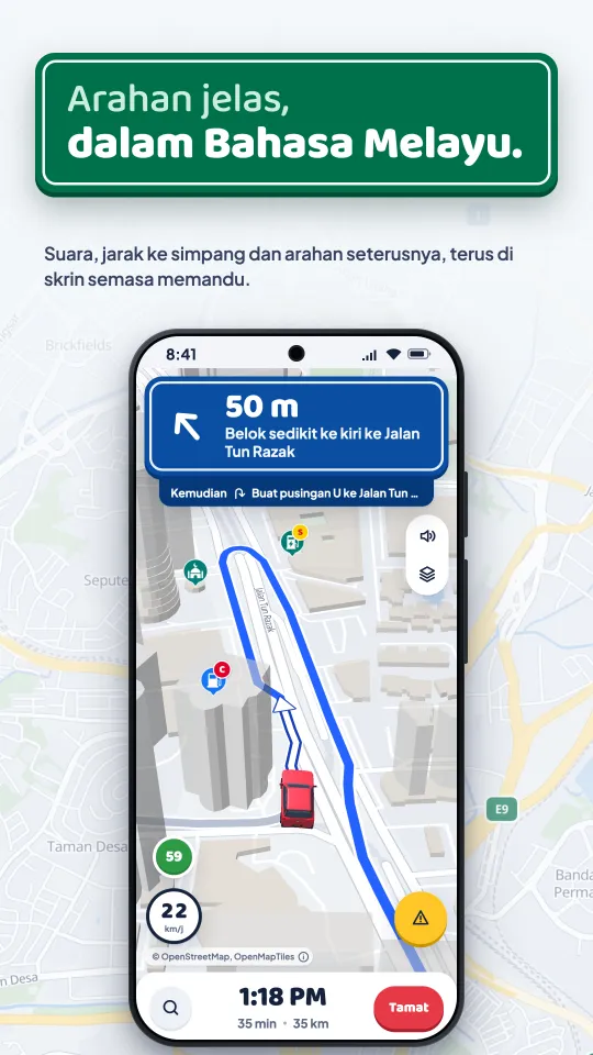 Arahan memandu dalam Bahasa Melayu, dengan kereta 3D di atas peta