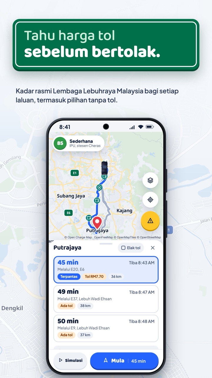 Pilihan laluan dengan anggaran harga tol