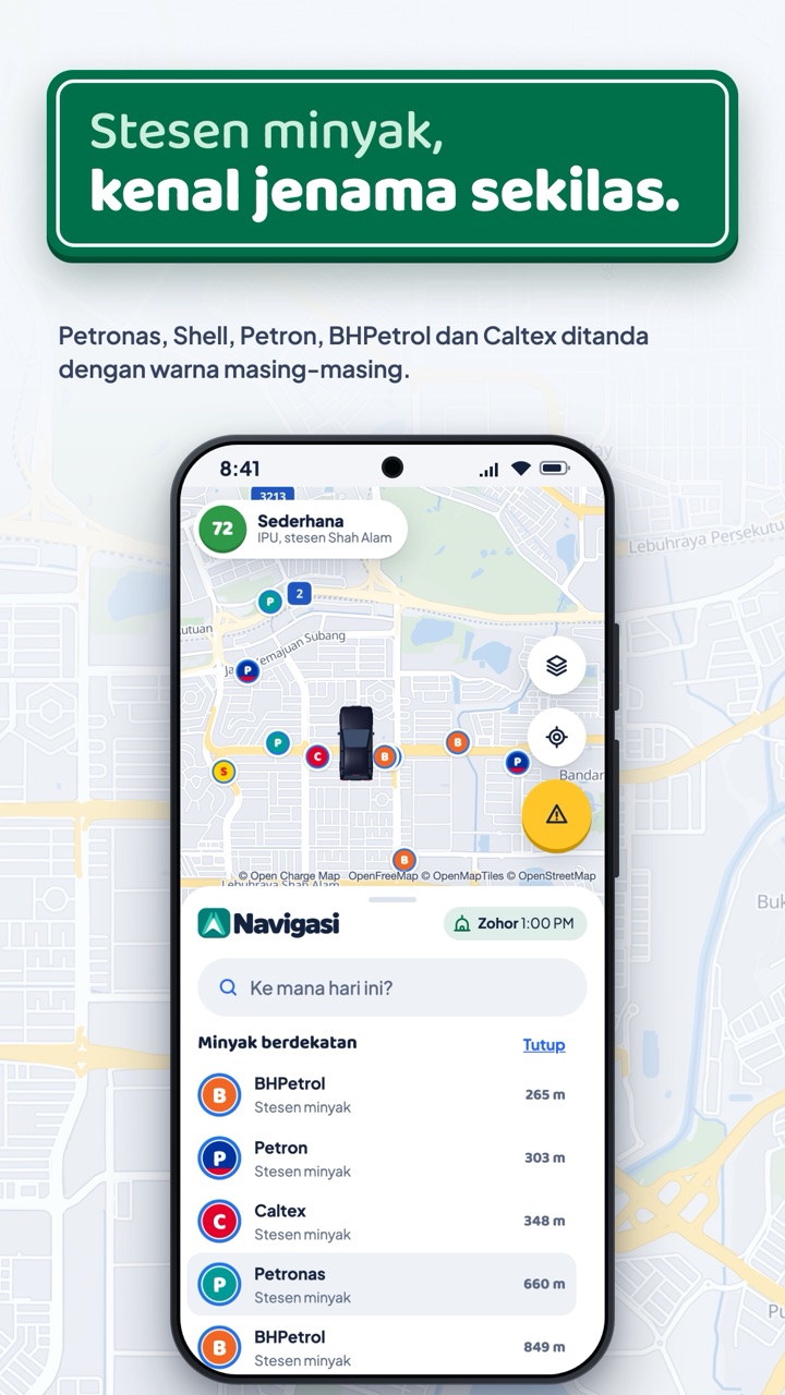 Stesen minyak terdekat ditanda mengikut jenama