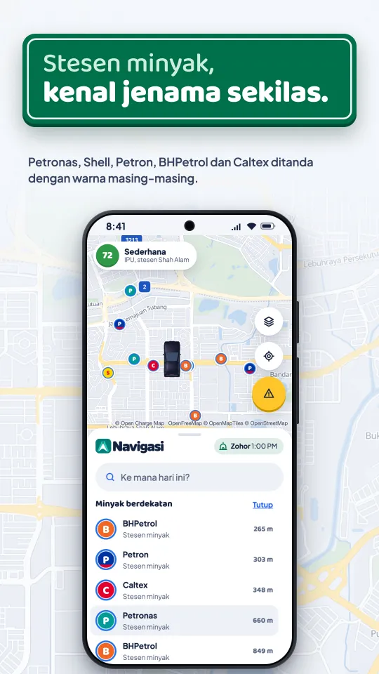 Stesen minyak terdekat ditanda mengikut jenama