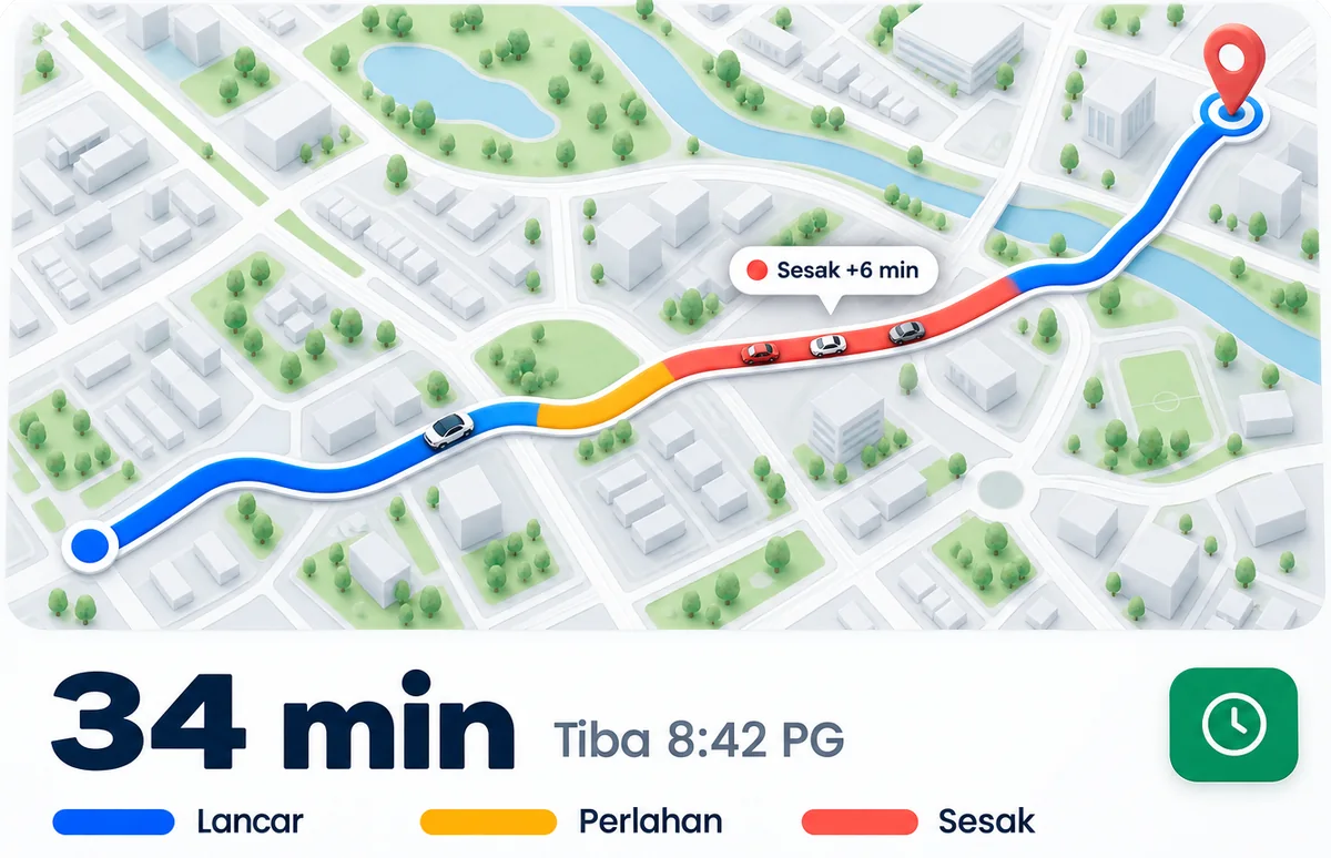 Contoh laluan di peta: 34 minit, tiba 8:42 pagi. Laluan biru (lancar) bertukar jingga (perlahan) dan merah (sesak, tambah 6 minit) sebelum lancar semula ke destinasi.